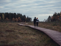 a man walking across a wooden bridge in a field