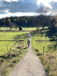 a person walking down a dirt road in a field